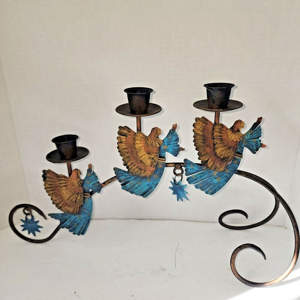 Brass Metal Scroll Angel Candelabra with Stars Holiday Christmas Vintage Rare